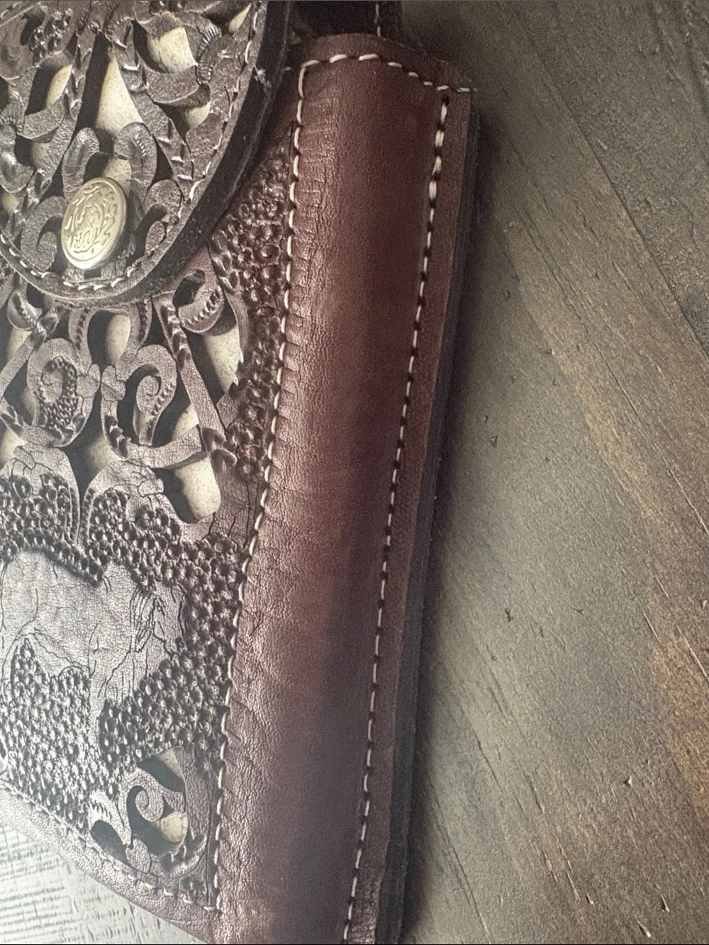 Handcrafted Tooled Leather Phone Sleeve in Rich Brown